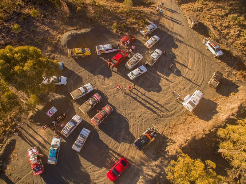 An aerial view of Kidney Kar Rally cars