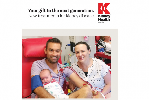 A man and woman holding a baby, with text overlay: Your gift to the ext generation. New treatments for kidney disease.
