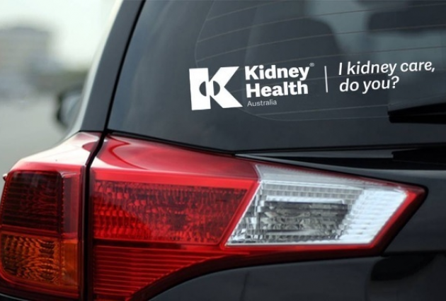 A kidney health sticker on a car rear window
