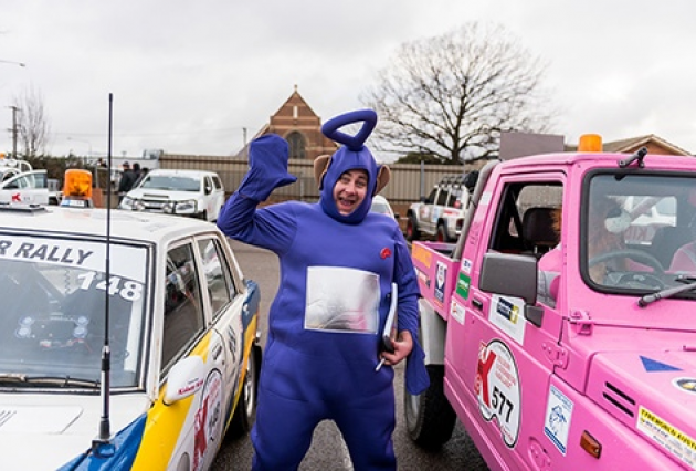 A man dressed in a telly tubby costume at the Kidney Kar Rally