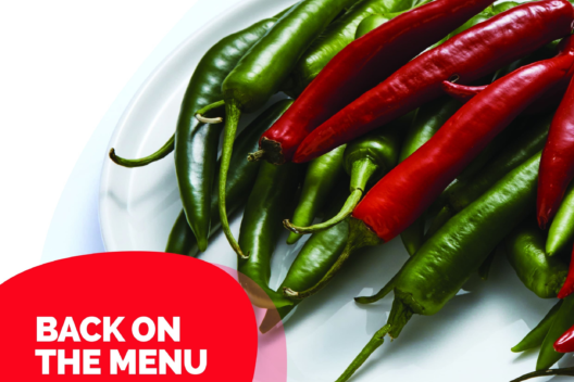 'Back on the menu' cover page, featuring red and green chillies