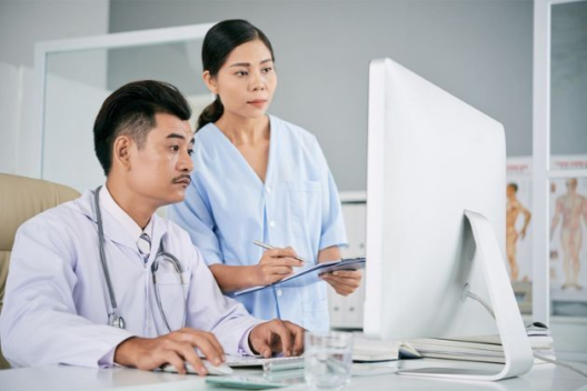 A doctor and nurse consult a computer