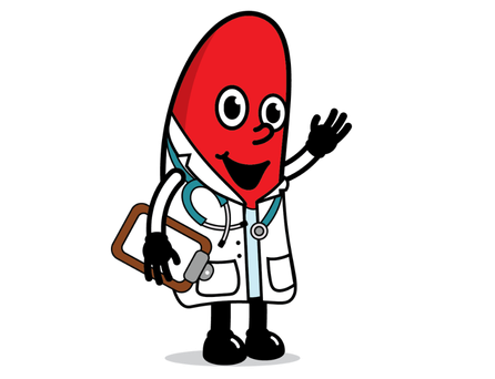 billy the kidney wearing a lab coat and stethoscope